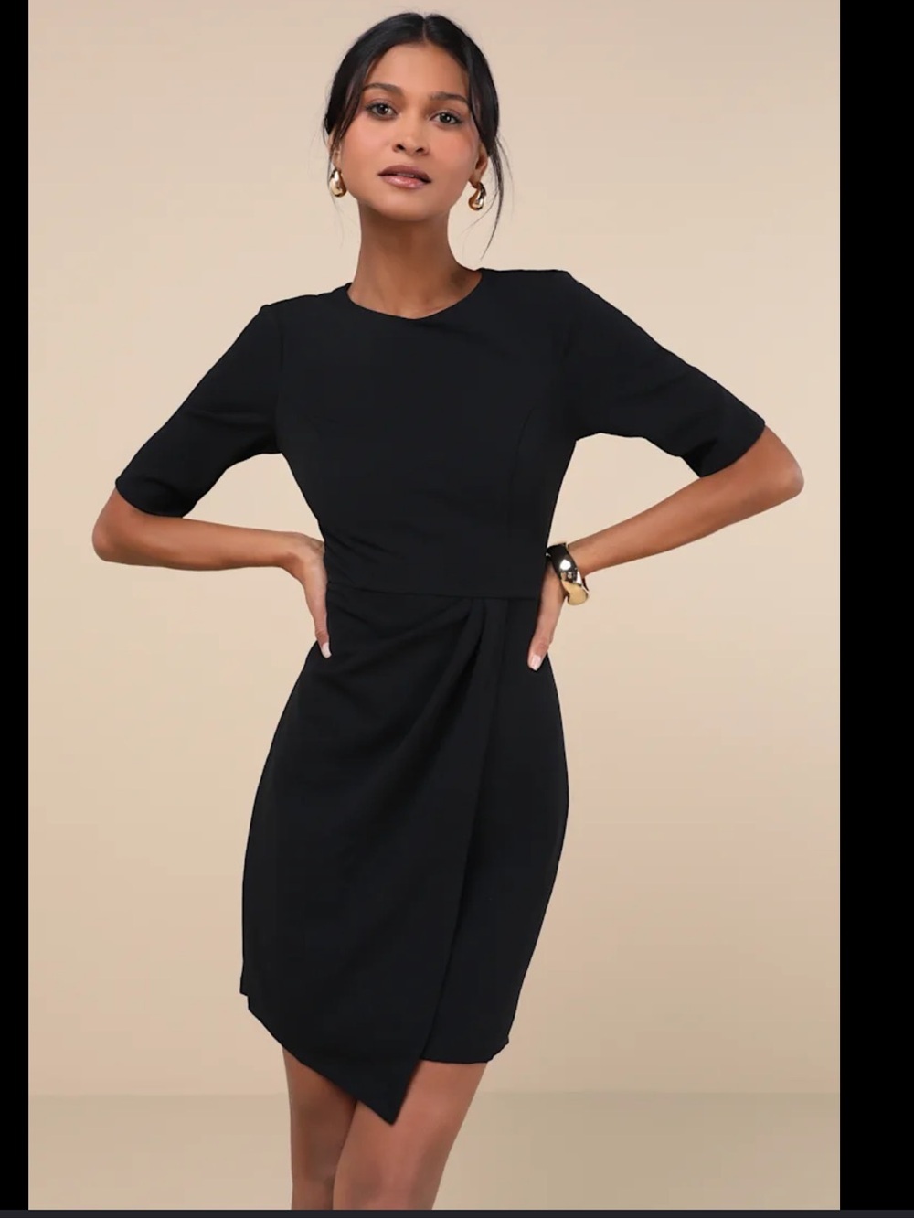 Lulu's Black Midi Sheath Dress with Draped Front - Picture 2 of 7